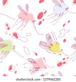 Stylized mosquitoes. Seamless pattern. Hand drawing effect.