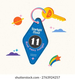 Stylized motel keychain illustrations with nostalgic typography featuring minimal and heartfelt messages