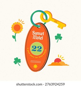 Stylized motel keychain illustrations with nostalgic typography featuring minimal and heartfelt messages