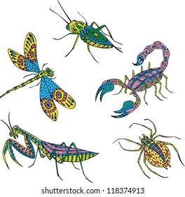 Stylized motley insects. Set of color vector illustrations.