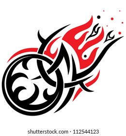 stylized motorcycle wheel with flames. Vector gothic black and red pattern