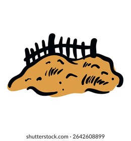 Stylized mound sits below simple fence on white background