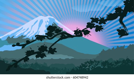 Stylized Mount Fuji in Japan. Landscape. Vector design. Silhouette of a flowering sakura branch
