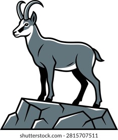 Stylized mountain goat standing on a rocky outcrop, showcasing its majestic posture against a plain background