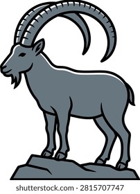 Stylized mountain goat standing on a rock, showcasing its majestic horns and posture