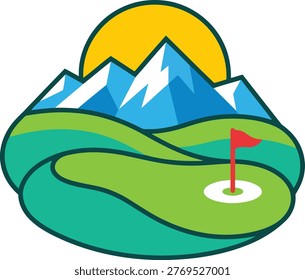 Stylized mountain golf course scene with a sun setting behind snow capped peaks and a flag on the green
