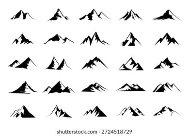 Stilisiertes Bergsymbolset mit abstrakten Gipfeln, strukturierte Silhouetten Bergsymbolsatz. Wanderung, Reise-Illustration Schild Sammlung . 10 EPS