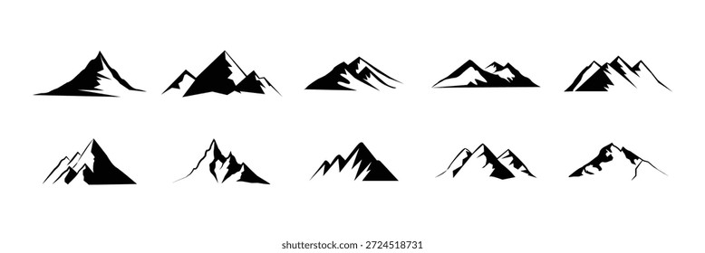 Stilisiertes Bergsymbolset mit abstrakten Gipfeln, strukturierte Silhouetten Bergsymbolsatz. Wanderung, Reise-Illustration Schild Sammlung . 10 EPS