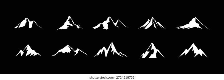 Stilisiertes Bergsymbolset mit abstrakten Gipfeln, strukturierte Silhouetten Bergsymbolsatz. Wanderung, Reise-Illustration Schild Sammlung . 10 EPS