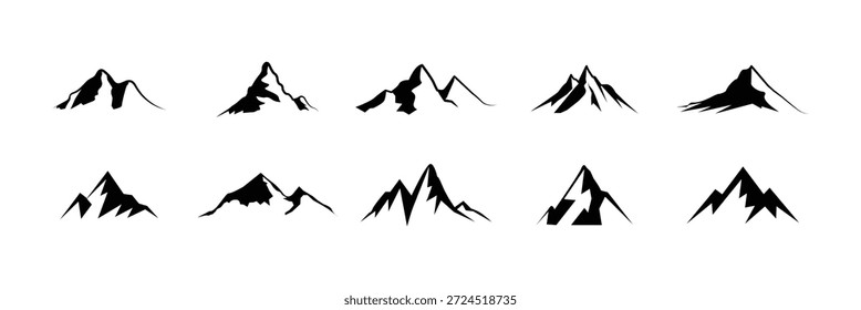 Ícone de montanha estilizado conjunto com picos abstratos, silhuetas texturizadas Montanhas ícone vetor conjunto. Caminhada, viagem coleção de sinais de ilustração. eps 10
