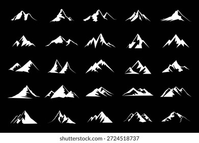 Conjunto de iconos de montaña estilizados con picos abstractos, siluetas texturizadas Conjunto de Vectores de iconos de montañas. Caminata, colección de signos de ilustración de viaje. eps 10