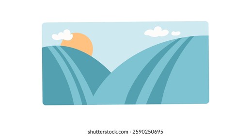 Stylized mountain landscape with bright sun and clouds. A flat depiction of nature shows rolling hills and a clear blue sky. Vibrant mountains illustrate an outdoor scene, simple colorful, ideal for