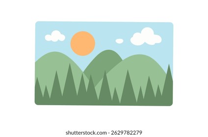 Paisaje de montaña estilizado con sol brillante y nubes. Una representación plana de la naturaleza muestra colinas onduladas y un cielo azul claro. Las montañas vibrantes ilustran una escena al aire libre, simple y colorida, ideal para