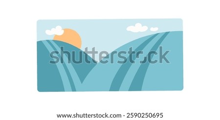 Stylized mountain landscape with bright sun and clouds. A flat depiction of nature shows rolling hills and a clear blue sky. Vibrant mountains illustrate an outdoor scene, simple colorful, ideal for