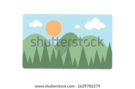 Stylized mountain landscape with bright sun and clouds. A flat depiction of nature shows rolling hills and a clear blue sky. Vibrant mountains illustrate an outdoor scene, simple colorful, ideal for