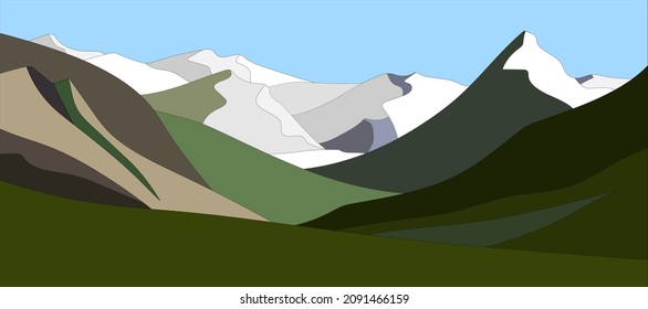 Stylized Mountain Landscape. Color Vector Illustration In Animated Cartoon Style. Drawn By Hand.