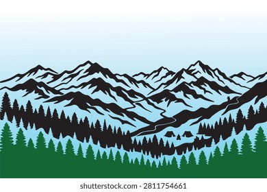 Stylized mountain landscape with dark pine forest, jagged peaks, and small camping tents in a valley