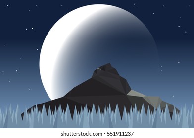 Stylized mountain landscape editable vector. Moon rising over mountain peak, stars on night sky and pine tree forest covered in snow, stylized illustration with low poly elements