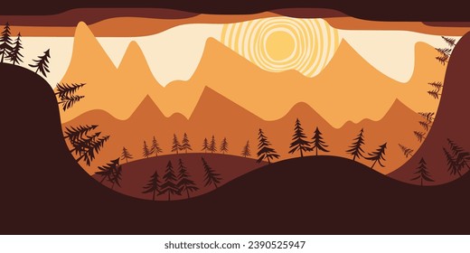 Stylized mountain landscape, forest and sun, vector illustration