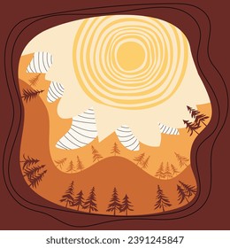 Stylized mountain landscape, forest and sun, vector illustration