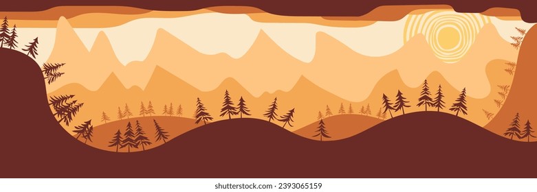 Stylized mountain landscape, forest and sun, vector illustration