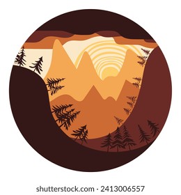 Stylized mountain landscape, forest and sun, round design element, vector illustration