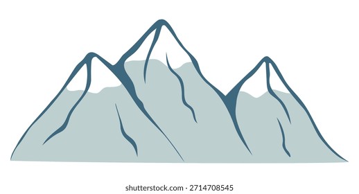 Ilustración estilizada del paisaje de la montaña con los picos nevados en diseño plano simple. Formas suaves, detalles mínimos, aislados sobre fondo blanco.