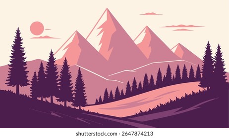 Stylized mountain landscape with pink peaks, pine trees, and a sun, in a tranquil vector art style. Perfect for nature, outdoor, and travel themes.