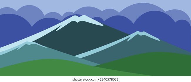 Stylized Mountain Landscape with Snow-Capped Peaks and Layered Blue Clouds