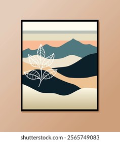 Stylized mountain landscape with trees and a setting sun in warm tones, creating a serene atmosphere