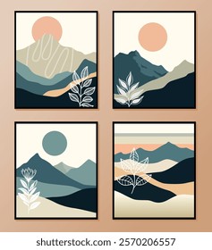 Stylized mountain landscape with trees and a setting sun in warm tones, creating a serene atmosphere