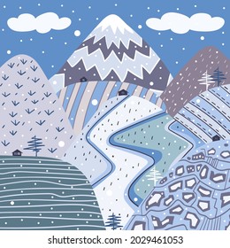 Stylized mountain landscape in winter. Vector illustration. Natural background.