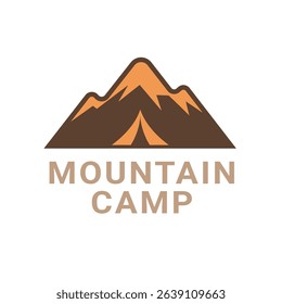 Stylized mountain peak and tent logo in flat vector style, bold contrast colors, minimalist design ideal for hiking, camping, and nature brands