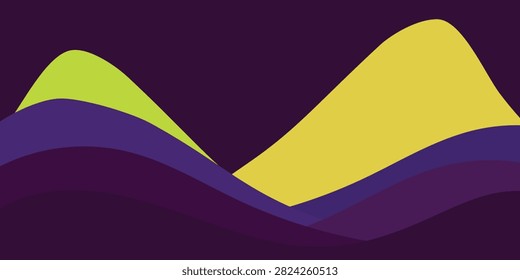 Stylized mountain peaks in bright yellow and green with flowing dark purple base, creating an abstract landscape scene.
