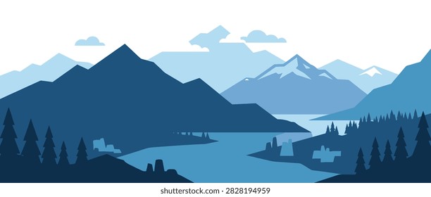 Stylized mountain range with a calm lake, pine forest, and scattered houses, rendered in shades of blue.