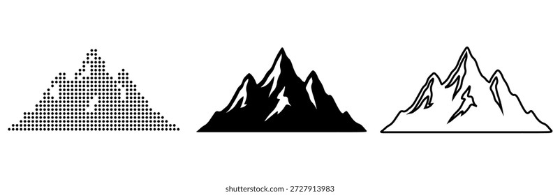 "Stylized Mountain Range in Dot, Silhouette, and Line Art Styles – Minimalist Nature Graphics for Creative Projects"