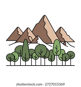 Estilizada cordillera con un bosque de diversos árboles verdes en primer plano