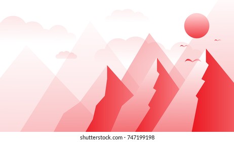 Stylized mountain range monochrome white and red landscape with sunset or sunrise
