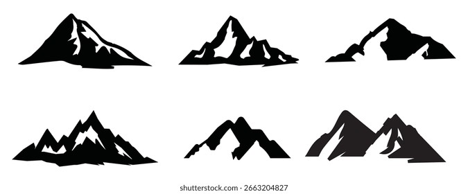 Silhuetas estilizadas de cordilheira com formas variadas de cumes e picos íngremes — recursos perfeitos para design gráfico, emblemas de exploração e arte relacionada a caminhadas.