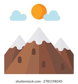 Stylized mountain range with snow caps under a bright sun and clouds