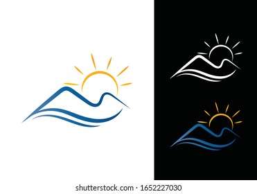 Stylized mountain and sun logo design with water elements