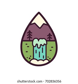 Stylized mountain and waterfall illustration inside water drop shape. Nature and outdoors vector badge.