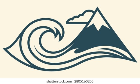 Stylized mountain and wave illustration with cloud, ideal for nature-themed designs