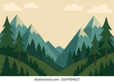 Montanhas estilizadas e árvores perenes sob nuvens suaves criando um fundo cênico calmo.