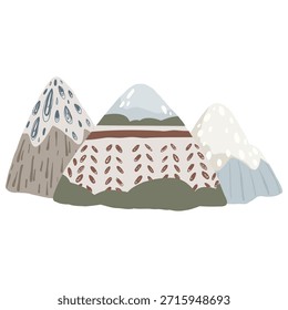 Montanhas estilizadas com padrões, ilustração vetorial desenhada à mão. Picos infantis minimalistas em estilo escandinavo boho isolado no fundo branco