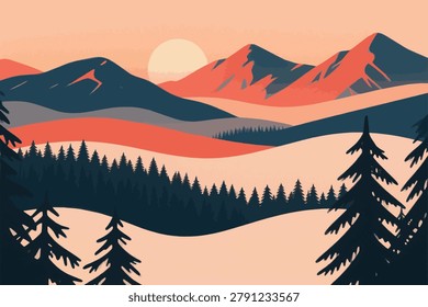 Stylized mountainscape with flat vector-like shapes, layered shadows, and pine silhouettes under a warm sunset haze. Evokes retro adventure for posters, album art, and nature-themed branding.