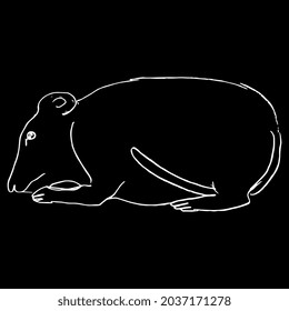 Stylized mouse. Ancient Egyptian animal design. Hand drawn linear doodle rough sketch. White silhouette on black background.