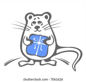 The stylized mouse with a gift in a red box. Digital illustration.