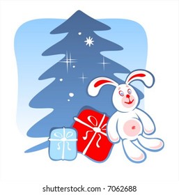The stylized mouse with a gift in a red box. Digital illustration.