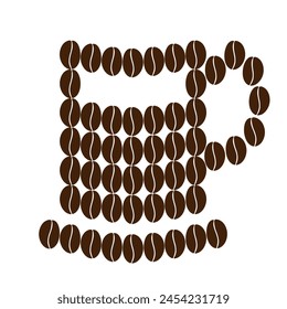 Stylized mug with saucer of coffee beans in trendy brown Logo Icon Sticker design concept Coffee Day